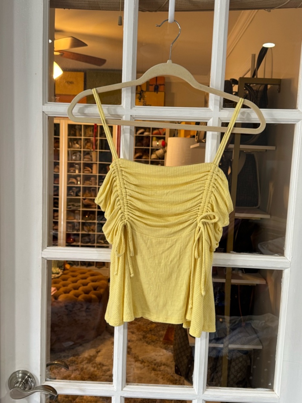 🌻🌼 Peach Love California Yellow Ruched Spaghetti Strap Tank Top 🌼🌻 - Picture 2 of 6